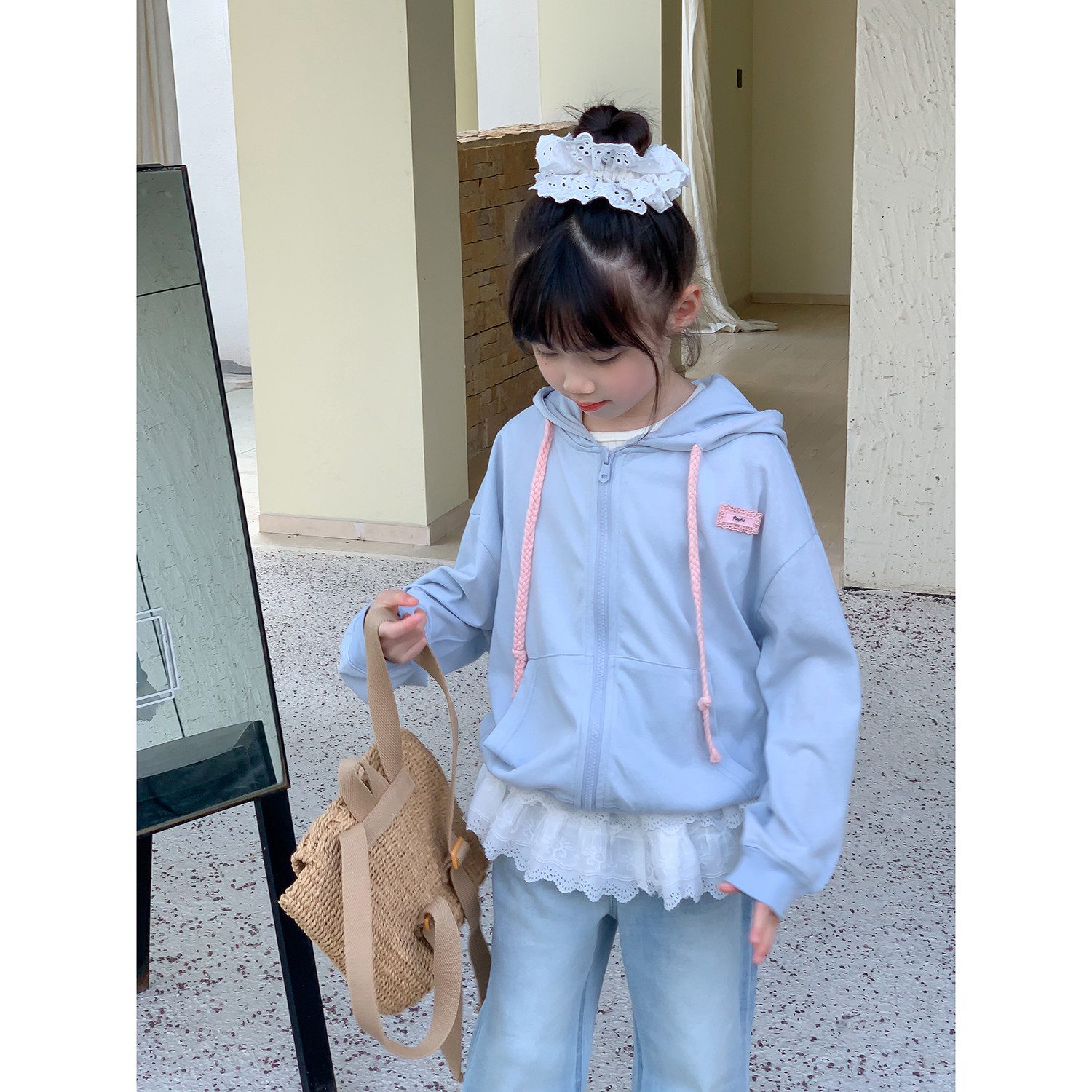 NONO CHILD 春季女童休闲奶蓝色连帽外套抽绳拉链卫衣