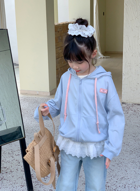 NONO CHILD 春季女童休闲奶蓝色连帽外套抽绳拉链卫衣