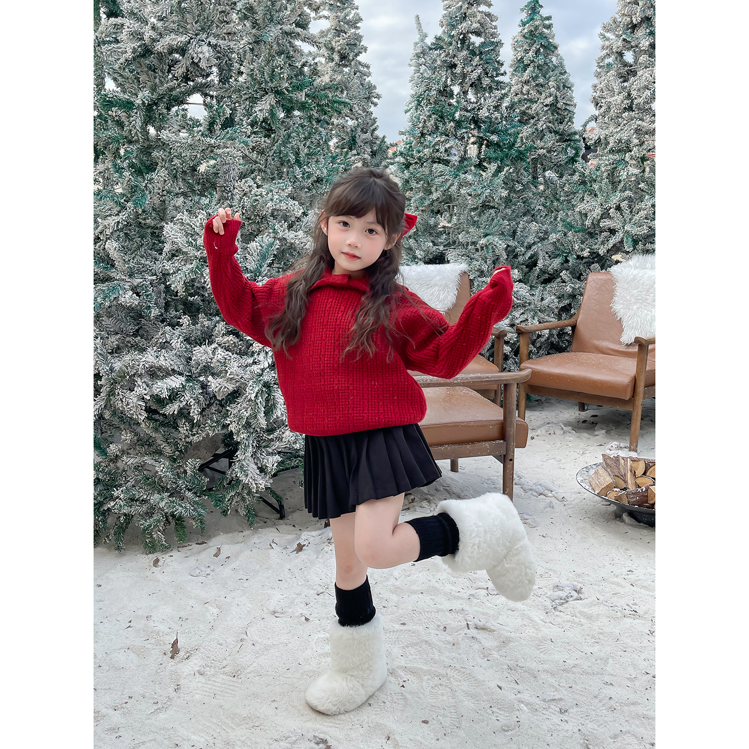 NONO CHILD 女童圣诞新年蝴蝶领针织亮闪闪套头毛衣/毛呢百褶裙