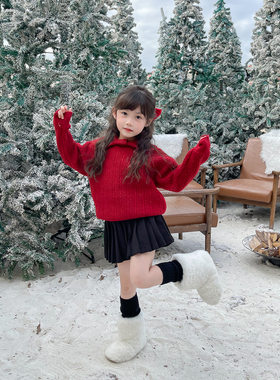 NONO CHILD 女童圣诞新年蝴蝶领针织亮闪闪套头毛衣/毛呢百褶裙