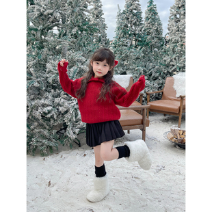 毛呢百褶裙 女童圣诞新年蝴蝶领针织亮闪闪套头毛衣 NONO CHILD
