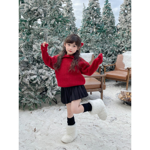 NONO CHILD 女童圣诞新年蝴蝶领针织亮闪闪套头毛衣/毛呢百褶裙