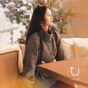 新款 复古千鸟格立领羊毛上衣2025年冬季 收腰毛呢外套 折影 TU女装