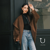 TU女装 大翻领苏力羊驼毛大衣慵懒风蝙蝠袖 宽松廓形毛呢外套