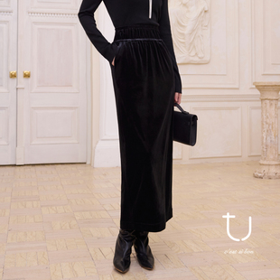 TU女装 黑色包臀一步裙气质长裙 松紧高腰丝绒半身裙2026春新款