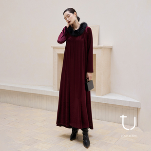 新款 可拆卸狐狸毛领连衣裙25冬季 醋酸丝绒长裙子 阿芙洛诗 TU女装