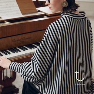 半高领蝙蝠袖 新款 上衣 宽松不对称慵懒风条纹T恤2026春季 TU束影