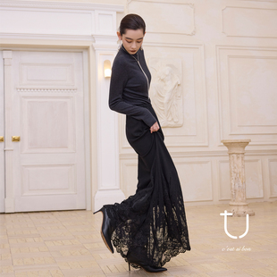 高腰羊毛鱼尾半身裙2026春新款 TU女装 蕾丝包臀长裙子 新年系列