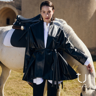 TU 轮廓 复古摩登立领皮衣外套26年春季新款廓形系带斗篷款上衣