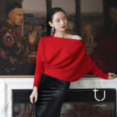 明星同款 斜肩型毛衣新年穿搭上衣 26春新款 TU女装 红色羊毛针织衫