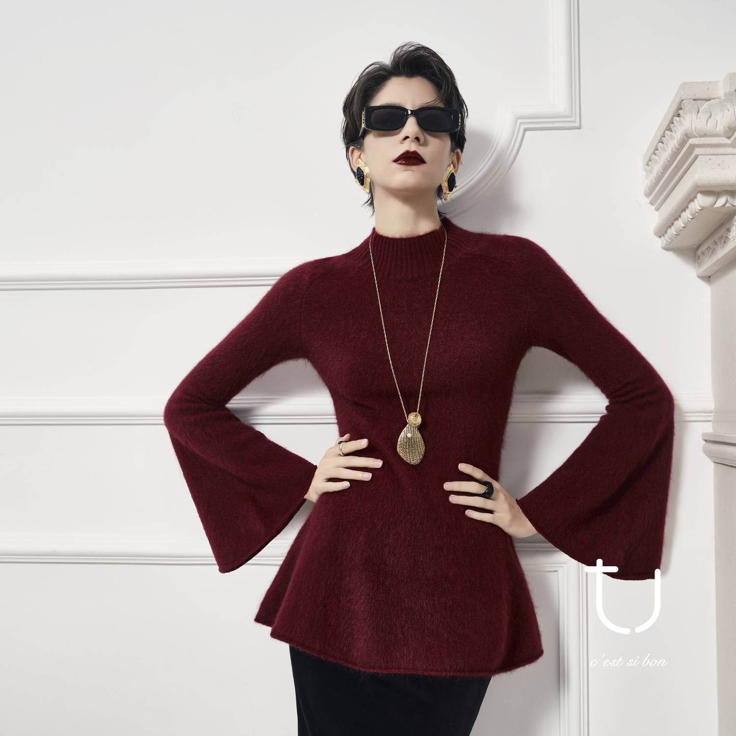 TU女装 乌普萨漫 牦牛绒拉绒立领针织毛衣25冬季新款打底内搭上衣