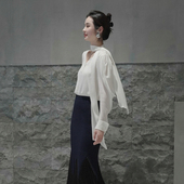 TU女装 原创凹造型飘带衬衫 简约ROW风白色真丝围巾领衬衣上衣