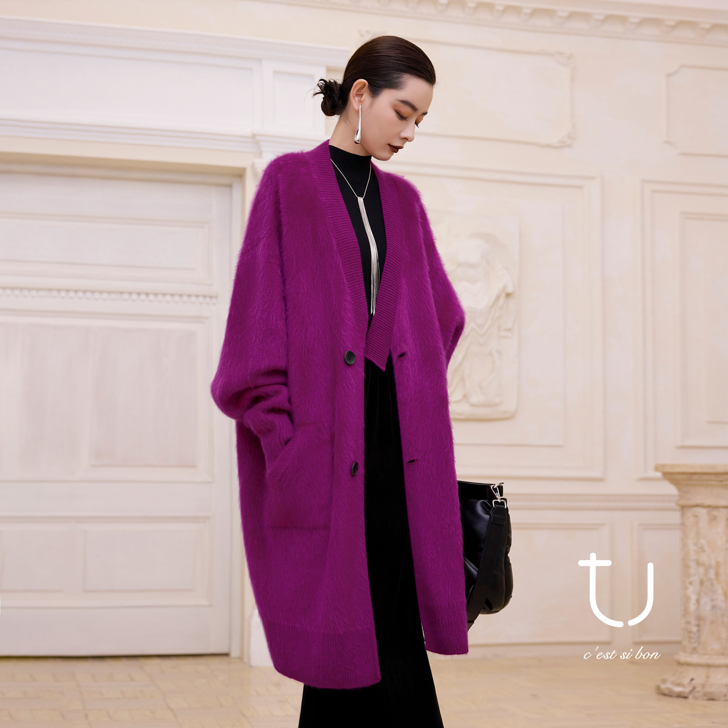TU女装 V领加厚牦牛绒拉绒外套26年春新款慵懒风简约百搭阔版大衣