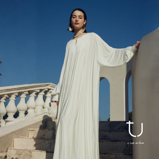 TU浮迹 莫代尔真丝圆领连衣裙2026年春季新款宽松A字褶皱长裙子