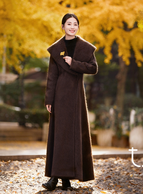 TU女装 1oo牦牛绒拉绒大翻领收腰毛呢外套慵懒风沙漏腰加厚大衣