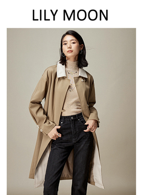 LILYMOON春秋撞色翻领风衣休闲中长款翻领气质翻领休闲宽松