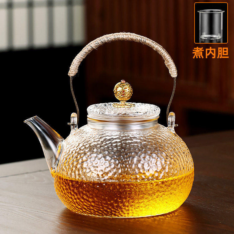 加厚耐高温玻璃煮茶壶锤纹提梁烧水泡茶壶黑晶炉可明火加热单茶壶