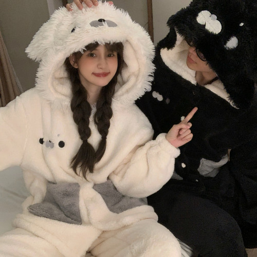 全棉纯棉情侣睡衣女秋冬季加厚珊瑚绒2025新款卡通小海狸男士法兰