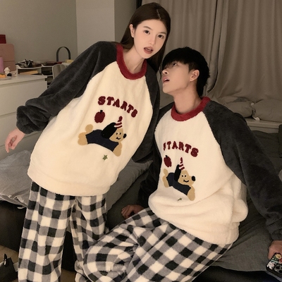 全棉纯棉买一送一圣诞犬情侣睡衣秋冬季珊瑚绒加厚保暖可爱男女大