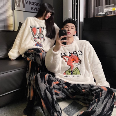 全棉纯棉秋冬季珊瑚绒情侣睡衣女款加绒加厚卡通男士新款法兰绒冬