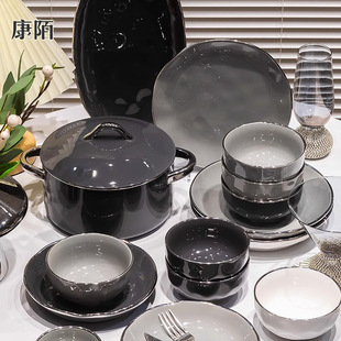 网红爆款 釉下彩陶瓷餐具北欧银边碗碟家用套装 乔迁礼品