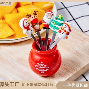 不锈钢水果叉 圣诞卡通萌趣甜品叉子家用可爱收纳罐套装