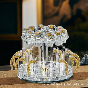 水滴金箔白酒杯家用烈酒一口杯创意水晶玻璃酒具礼品旋转水晶杯架