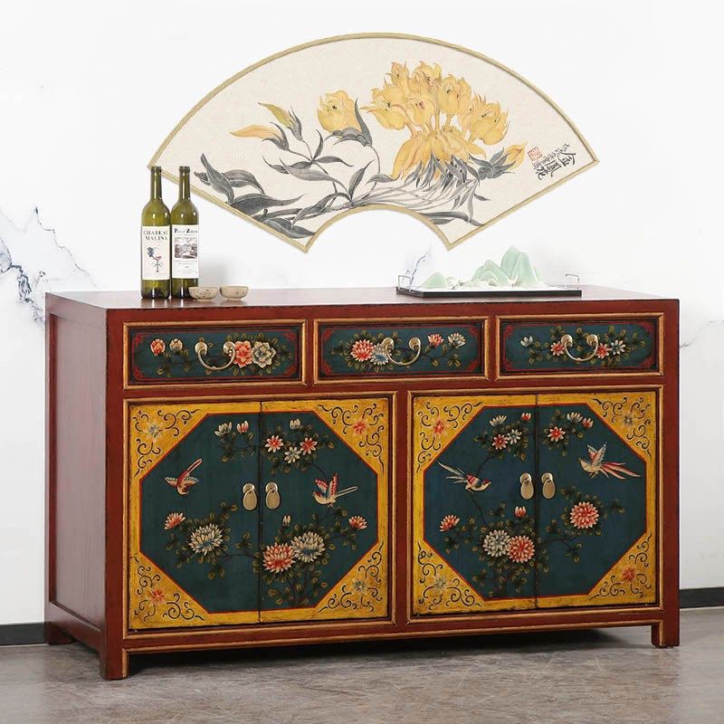 新中式实木仿古彩绘餐边柜手绘复古家具彩漆做旧储物玄关柜客厅柜