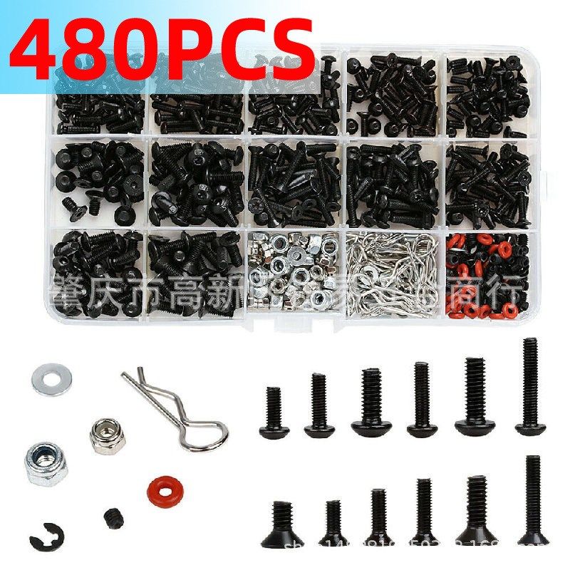 480pcs盒装 高强度碳钢螺丝螺母R型卡针套件内六角螺丝工具维修盒