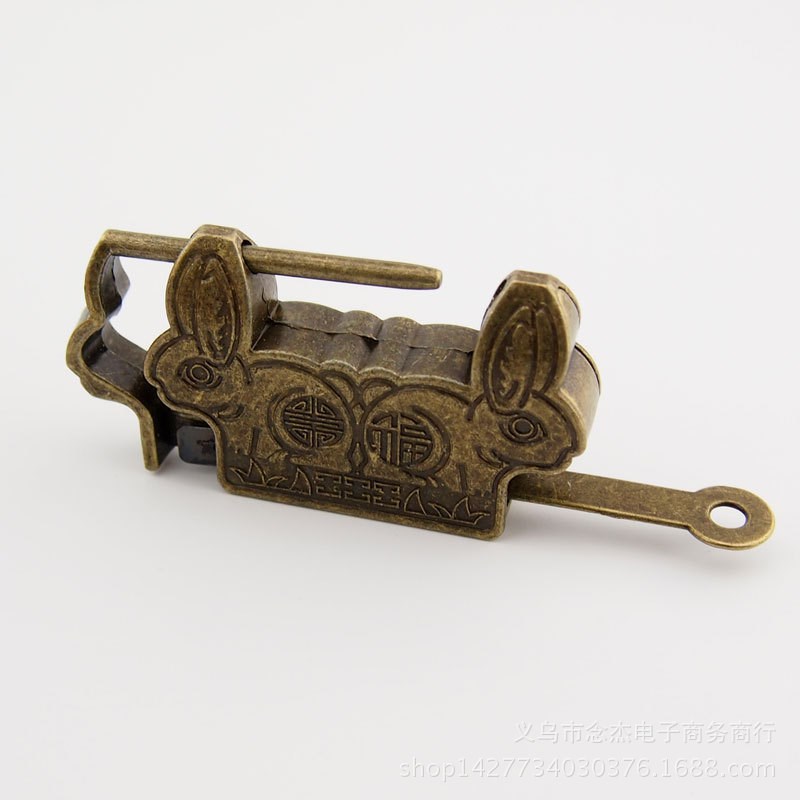 兔形中式迷你仿古锁小锁头做旧箱挂锁横开复古铜锁老式古代锁