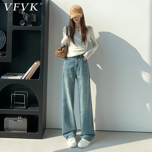 vfvk浅色烟火纹直筒牛仔裤女夏季2026新款设计感梨形显瘦阔腿裤子