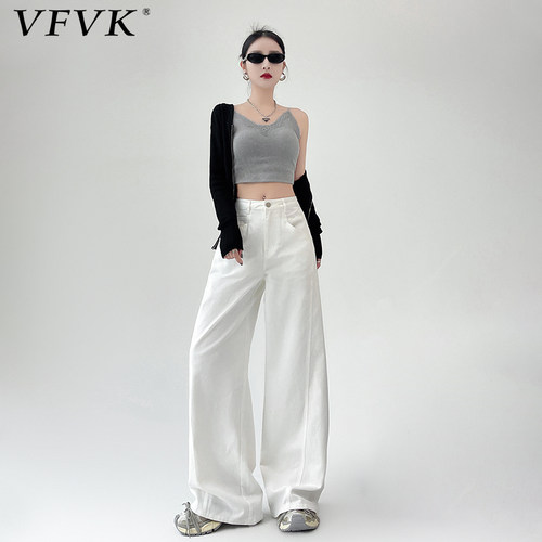 vfvk白色阔腿牛仔裤女2024秋冬新款高腰宽松垂感梨型身材直筒裤子