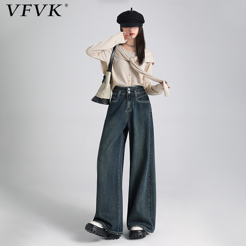vfvk复古蓝牛仔裤高个子加长春季新款裤子女双扣设计感遮跨阔腿裤