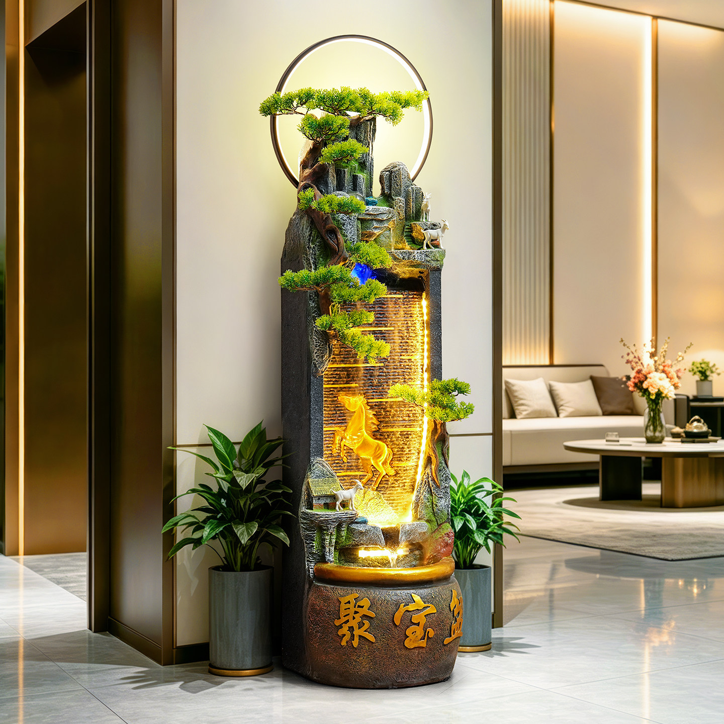 中式假山流水聚宝盆招财摆件