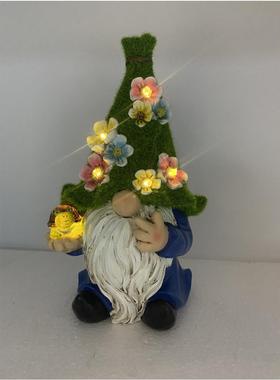 花园摆件户外植绒精灵小夜灯太阳能树脂侏儒庭院装饰阳台花园布置