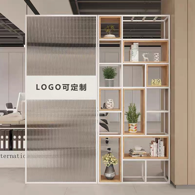 简约长虹玻璃隔断屏风装饰架铁艺实木办公室展厅玄关置物架免打孔