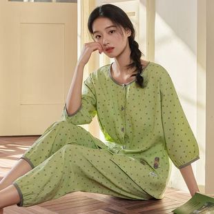 2025新款 夏季 碎花梭织棉纯棉睡衣女格子带胸垫可外穿家居服套装