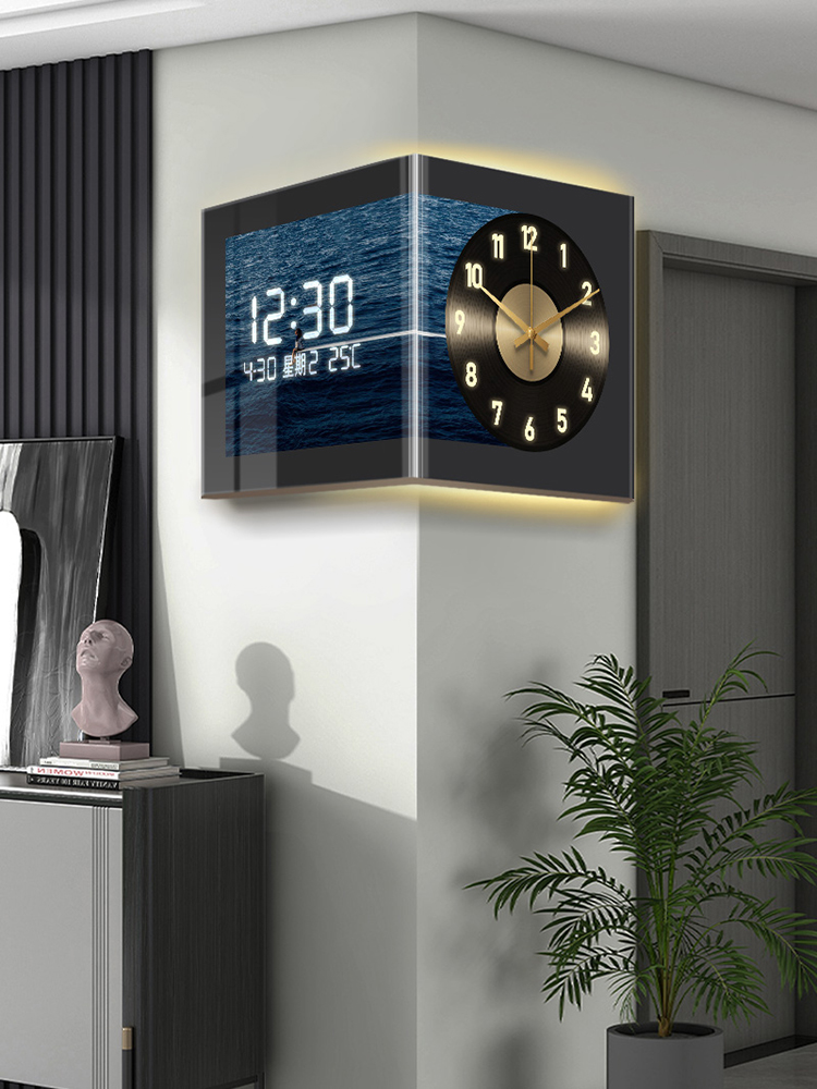 简约现代钟表挂钟客厅转角双面时钟感应数显屏黑胶唱片创意家用钟