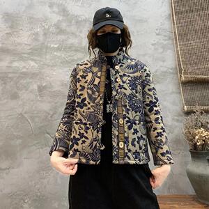 复古民族风盘扣棉衣外套女2023冬季新款洋气花色加绒加厚保暖棉袄