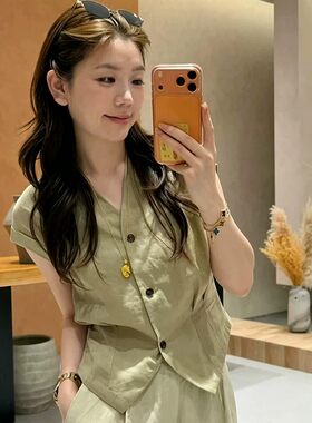 通勤穿搭坎肩v领苎麻衬衫女款2