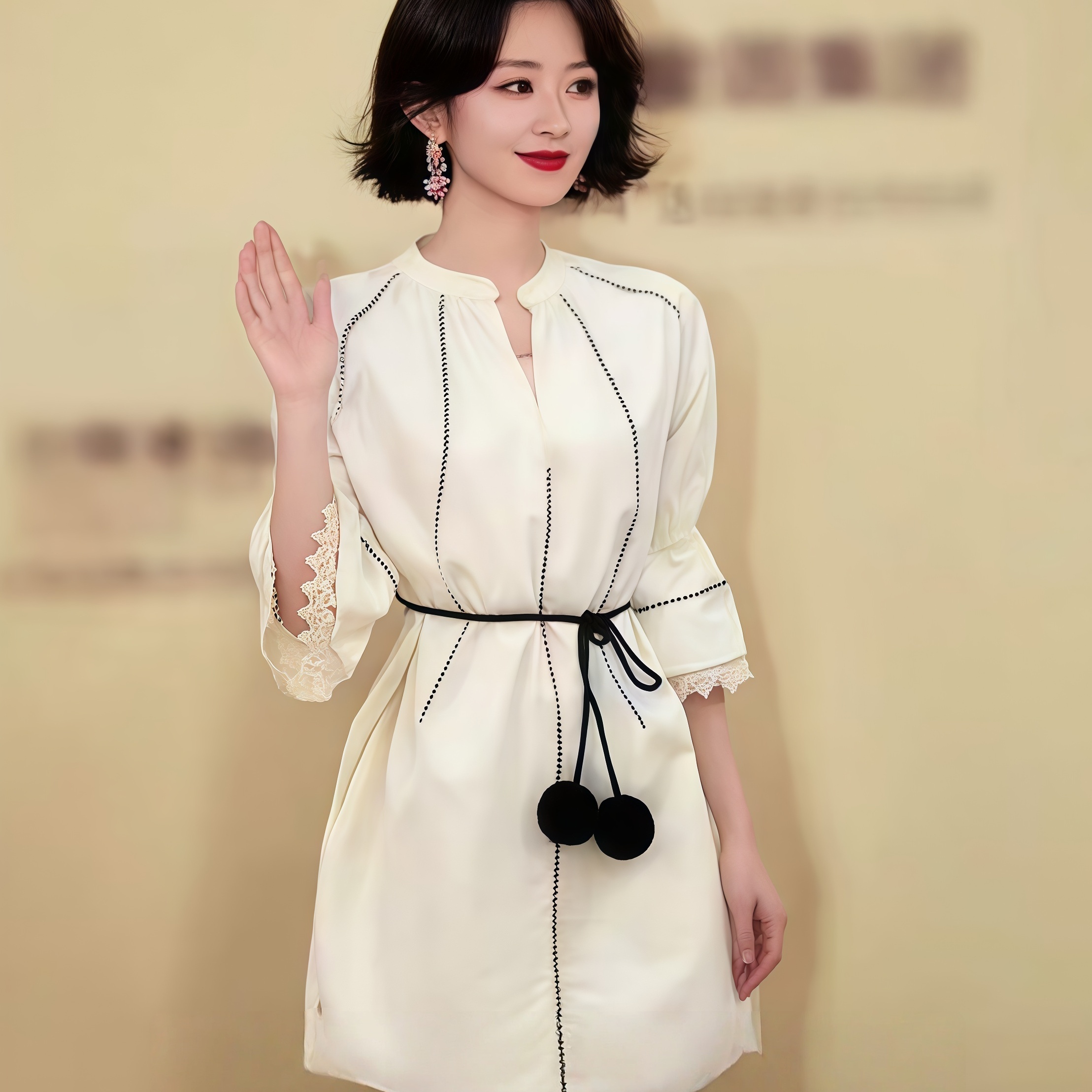 赵丽颖同款条纹v领短袖连衣裙