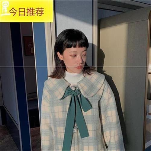 格呢毛子外套女秋冬中长款宽松学生加厚呢子M小个T甜子美Z小清新 运动/瑜伽/健身/球迷用品 沙滩针织衫 原图主图