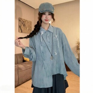 打底衫 睡不卓2026春新款 复古刺绣宽松显瘦不规则刺绣蓝色衬衣长袖