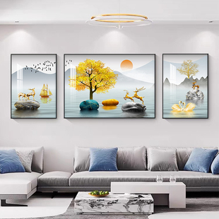 现代简约客厅沙发背景装饰画新中式背有靠山挂画大气山水三联壁画
