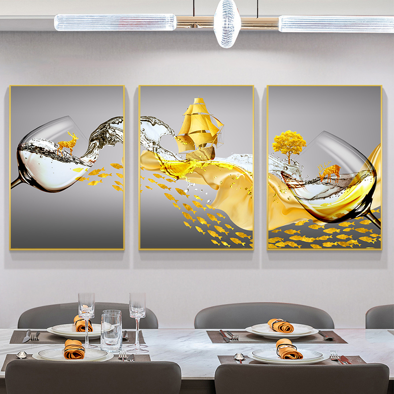 现代简约餐厅装饰画饭厅餐桌背景墙面挂画歺厅三联画轻奢酒杯壁画图片