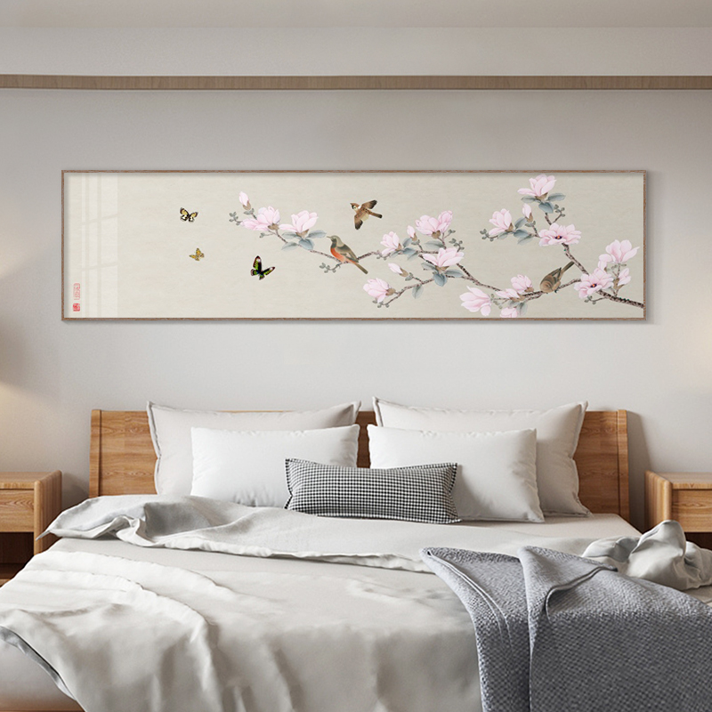 新中式花鸟画卧室床头装饰画中国风客厅横幅挂画酒店房间淡雅壁画图片