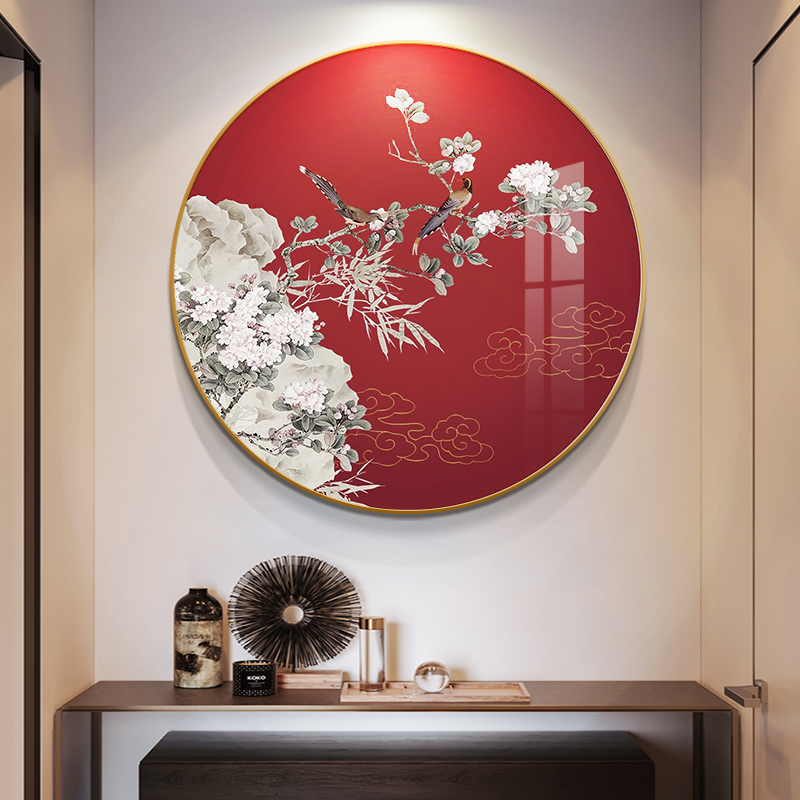 新中式入户玄关装饰画中国风花鸟茶室挂画走廊过道正对门圆形壁画图片