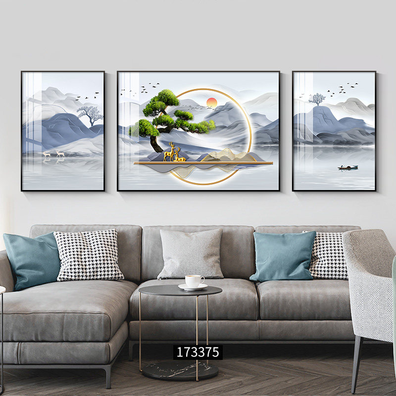 客厅装饰画山水画迎客松沙发背景墙挂画大气背有靠山壁画三联画
