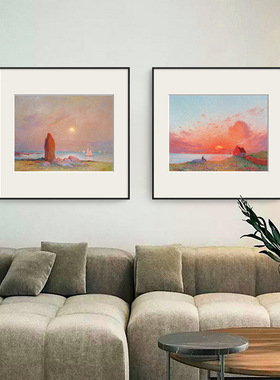抽象派浪漫橙红色日出风景装饰画费迪南德法式客餐厅挂画酒店壁画