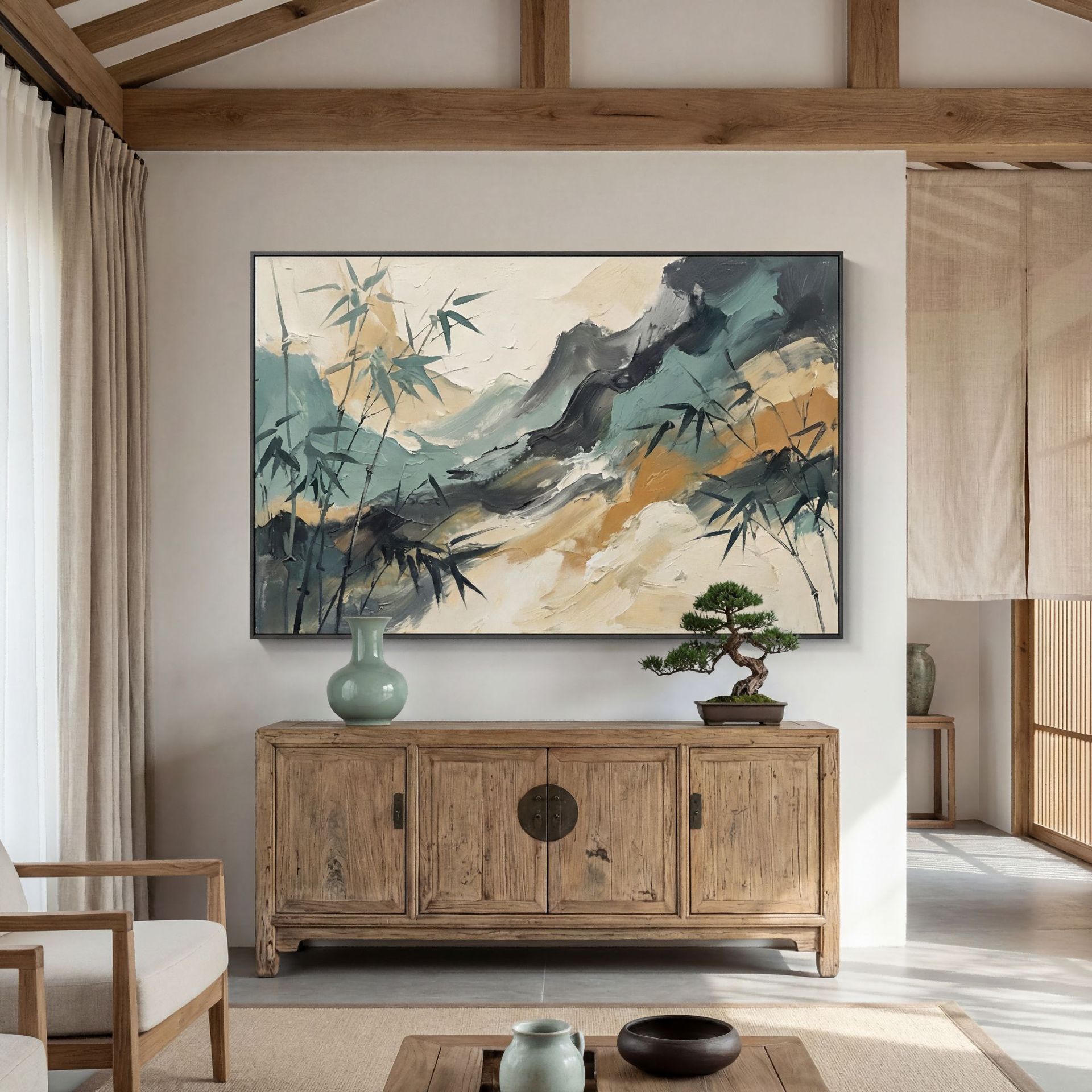 新中式抽象山水油画竹林叠翠肌理装饰画酒店民宿客厅背景墙定制